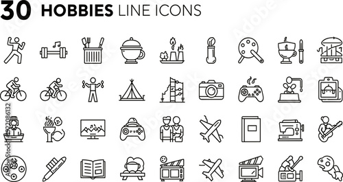 Comprehensive Hobby and Leisure Line Icon Set Including Sports, Music, Gaming, Arts, Crafts, Outdoor Activities, and Creative Pursuits for Website Interface and App Design
