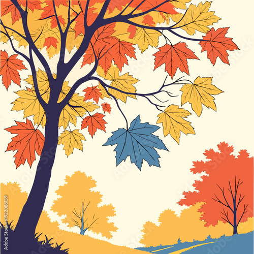 Vibrant Autumn Tree with a Striking Blue Maple Leaf.