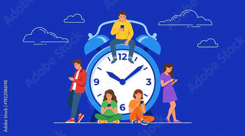 Digital Distraction and Time Management: Youth Engrossed in Smartphones Around a Giant Alarm Clock