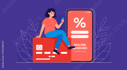 Happy Woman Using Mobile Banking App on Smartphone, Sitting on Giant Credit Card. Online Financial Services, Digital Payments & Secure Transactions.