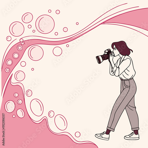Woman photographer capturing moments with a camera surrounded by abstract pink bubbles and waves.