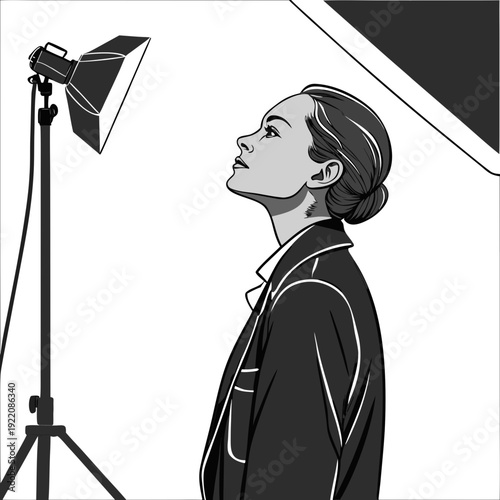 Woman in studio with lighting equipment looking up.