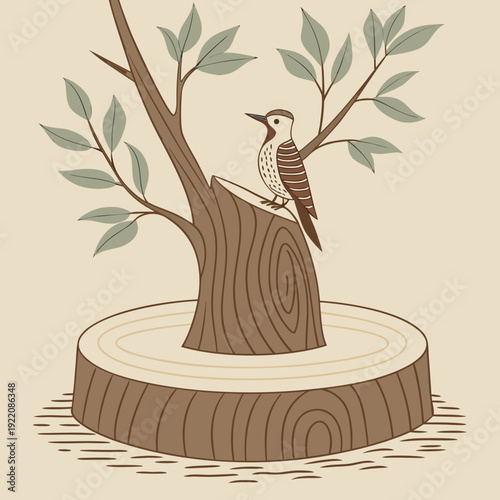 Woodpecker on a tree stump with new growth.