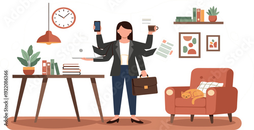 Successful Businesswoman with Multiple Arms Multitasking with Laptop, Phone, Coffee, and Documents in Home Office for Productivity, Stress Management, and Career Balance Concepts