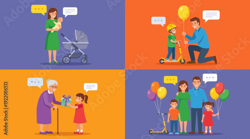 Happy Family Life Illustrations: Parenting, Childhood, Grandparents, and Communication Across Generations in Flat Design