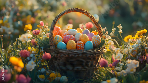 Colorful Decorated Easter Eggs in a Wicker Basket.