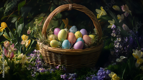 Colorful Decorated Easter Eggs in a Wicker Basket.