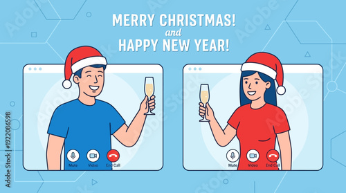 Merry Christmas & Happy New Year Video Call: Couple in Santa Hats Toasting Virtually