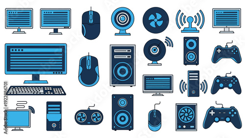 Assorted computer peripherals and gaming devices including monitors keyboards mice and speakers.