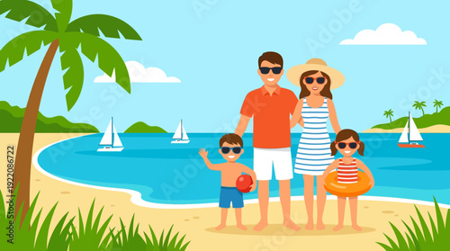 Happy Family Summer Beach Vacation Illustration - Parents & Kids Enjoying Tropical Seashore Getaway