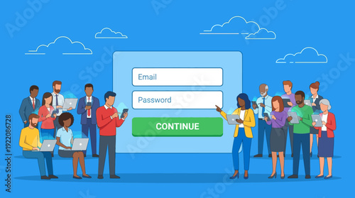 Diverse Users Logging In Online: Email & Password Form with Connected People on Digital Devices