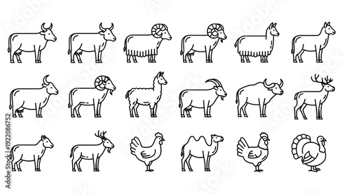Collection of Simple Line Drawings of Horned Sheep and Goats in Various Poses.