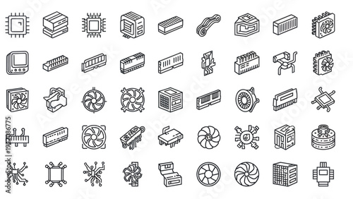 Comprehensive set of black and white technology and engineering vector icons.