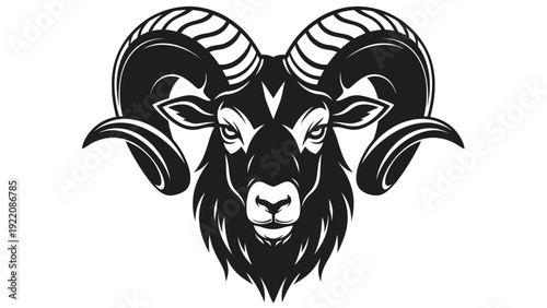 Stylized ram head illustration with bold horns and geometric detailing.
