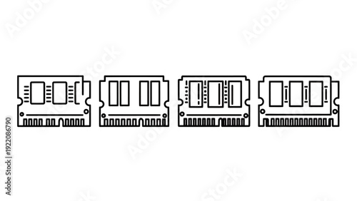 Four RAM memory modules arranged in a row showing chips and gold pins on a computer motherboard.