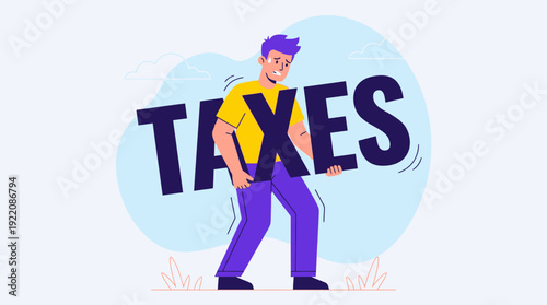 Tax Season Stress: Overwhelmed Person Carrying Heavy 'TAXES' Word, Financial Burden & Accountability Concept