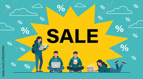 Online Sale & Discount Shopping: Young People Engaged with Laptops & Phones, E-commerce Promotion Banner