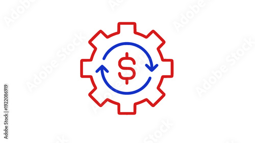 Modern financial management icon featuring a gear with dollar symbol and circular arrows. Represents business strategy, financial planning, budgeting, investment management, and economic process.