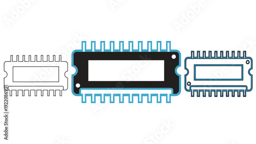 Illustration of memory RAM modules with connectors and blue highlighting for technology concept.