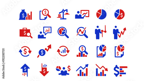 Financial market and investment icon set in red and blue color scheme. Includes stock market charts, profit growth, risk analysis, funding, currency exchange, and economic trends.