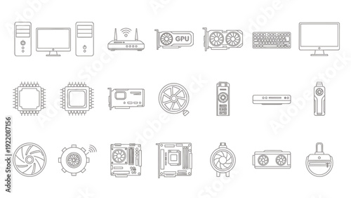 Collection of line art photography and device icons for UI design and media interfaces.