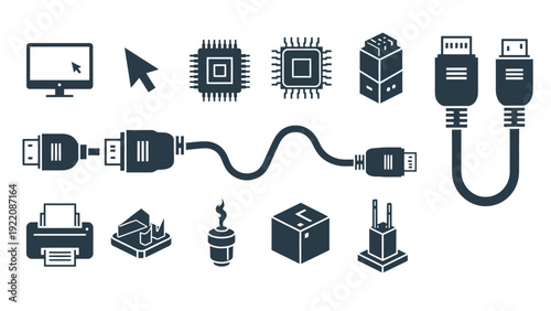 Diverse USB Cables, Connectors and Modules Featuring Data Transfer and Electronic Components.