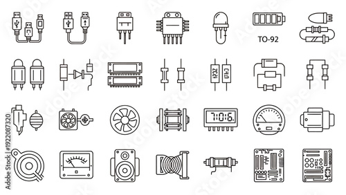 Collection of monochrome line icons depicting travel, technology, business and everyday objects for design projects.