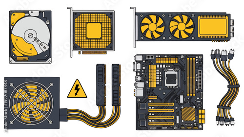 Close up shot of computer hardware components including motherboard, RAM, GPU, cooling system and cables.