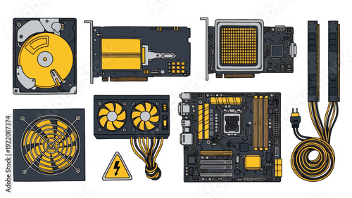 Arrangement of computer motherboard components, cooling fans, and power connectors showing diverse hardware layout.