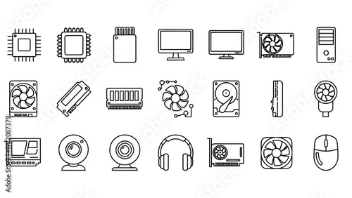 Assorted Technology Icons and Device Illustrations in a Graphic Set.