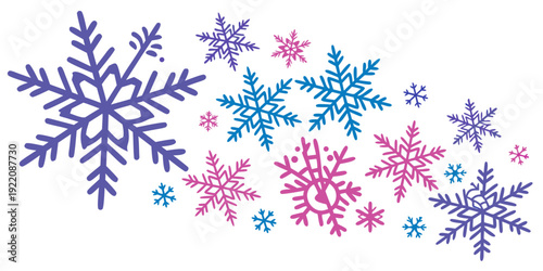 A vibrant and colorful array of snowflakes scattered across a white background