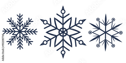 Three intricately designed snowflakes showcasing unique symmetrical patterns and artistic details