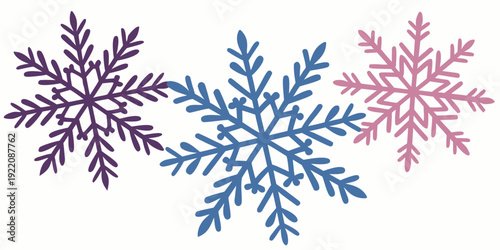Three beautifully designed snowflakes in blue, white, and pink colors