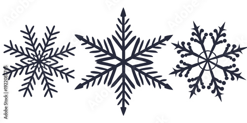 Three intricately designed snowflakes showcasing unique symmetrical patterns and delicate lines