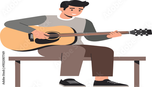 Young Man Playing Acoustic Guitar Sitting on Bench Musician Practice Illustration for Music Education, Hobby Learning, and Creative Lifestyle Design