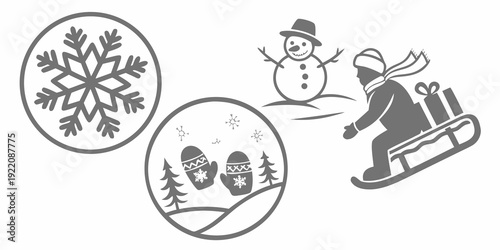 A festive winter scene featuring snowflakes, animals, and a child sledding