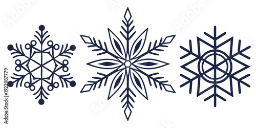Three intricately designed snowflakes showcasing unique patterns and symmetrical beauty