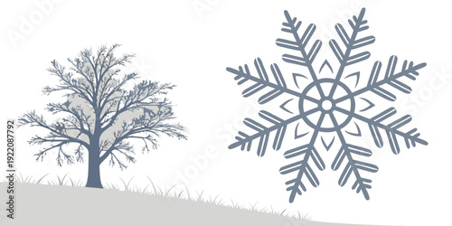 A serene winter scene with a snow-covered tree and a large snowflake
