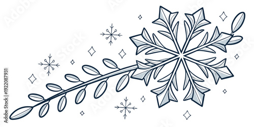 A delicate snowflake on a branch with falling snowflakes around it