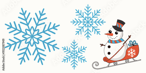 A cheerful snowman sledding past a large snowflake in a winter wonderland