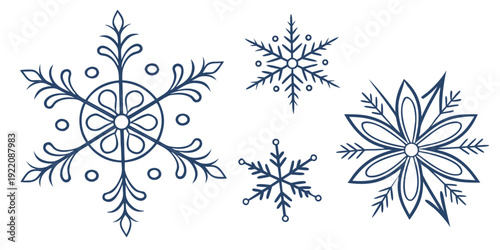 Intricate blue snowflakes with unique patterns and symmetrical designs