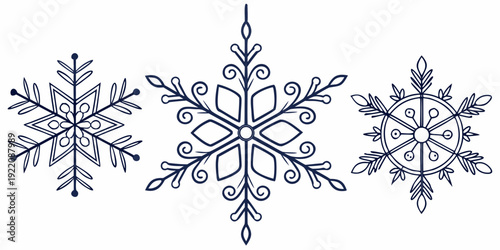 Three intricately designed snowflakes showcasing unique symmetrical patterns and artistic details