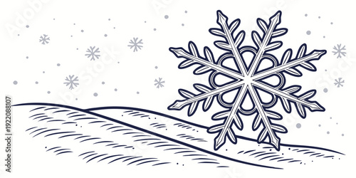 A beautifully detailed snowflake resting on a snowy landscape with a clear sky