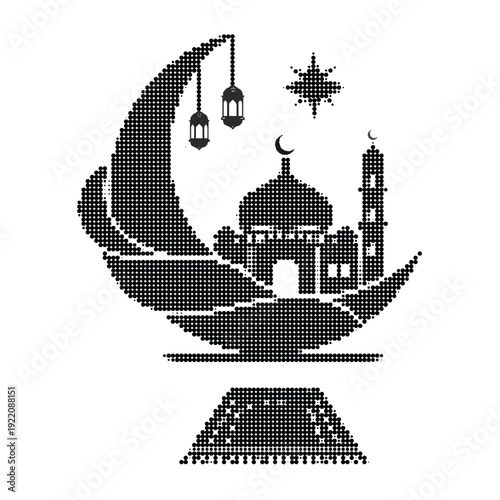 dotted monochrome crescent moon composition with mosque silhouette hanging lanterns and star minimal vector background for night decorative design