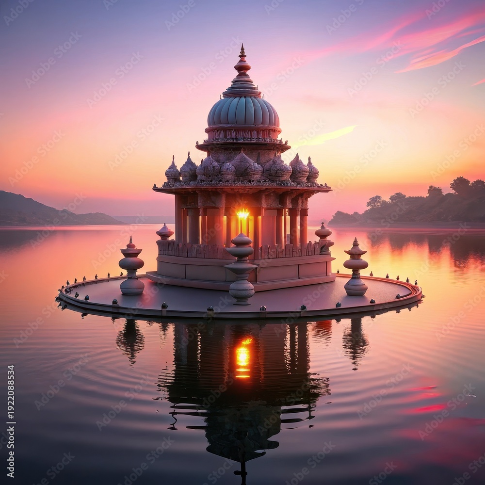 Obraz premium Reflecting serenity on Hussain Sagar Lakes calm waters at dusk