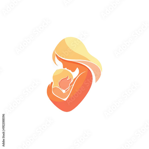 Vibrant vector illustration of a loving mother gently embracing her baby, symbolizing maternal care, strong family bonds, and the tender affection of parenthood with warm gradient colors