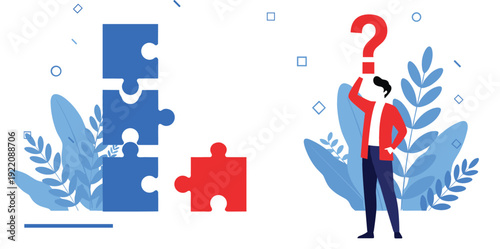 Business professional thinking about problem solving with jigsaw puzzle pieces and question mark in flat style vector illustration for corporate logic concepts and strategy.