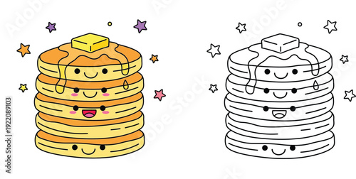 Kawaii Pancake Stack Illustration and Coloring Page for Kids with Cute Faces, Syrup, Butter, and Stars Background, Vector Set for Breakfast Food and Educational Activity Book Design