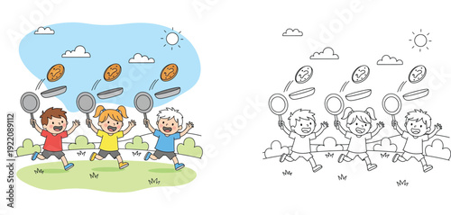 Happy Kids Participating in Pancake Race Competition Cartoon Illustration and Line Art Coloring Page for Shrove Tuesday Celebration Outdoors on Sunny Day Activity for Children