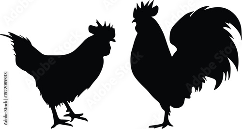 Two black rooster and chicken silhouettes standing together in side view vector illustration for farm poultry livestock morning sun and agriculture branding design elements